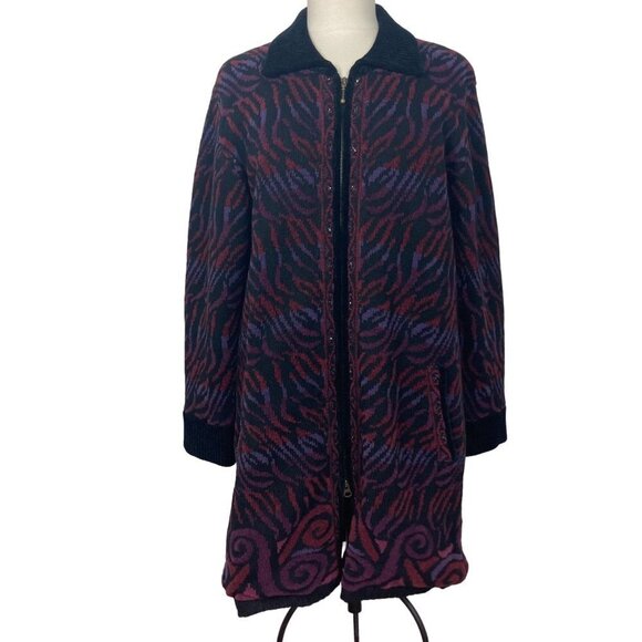 Vintage Icelandic Design Sweater Coat Cardigan Jacket Large Black Red Lined - Picture 1 of 13